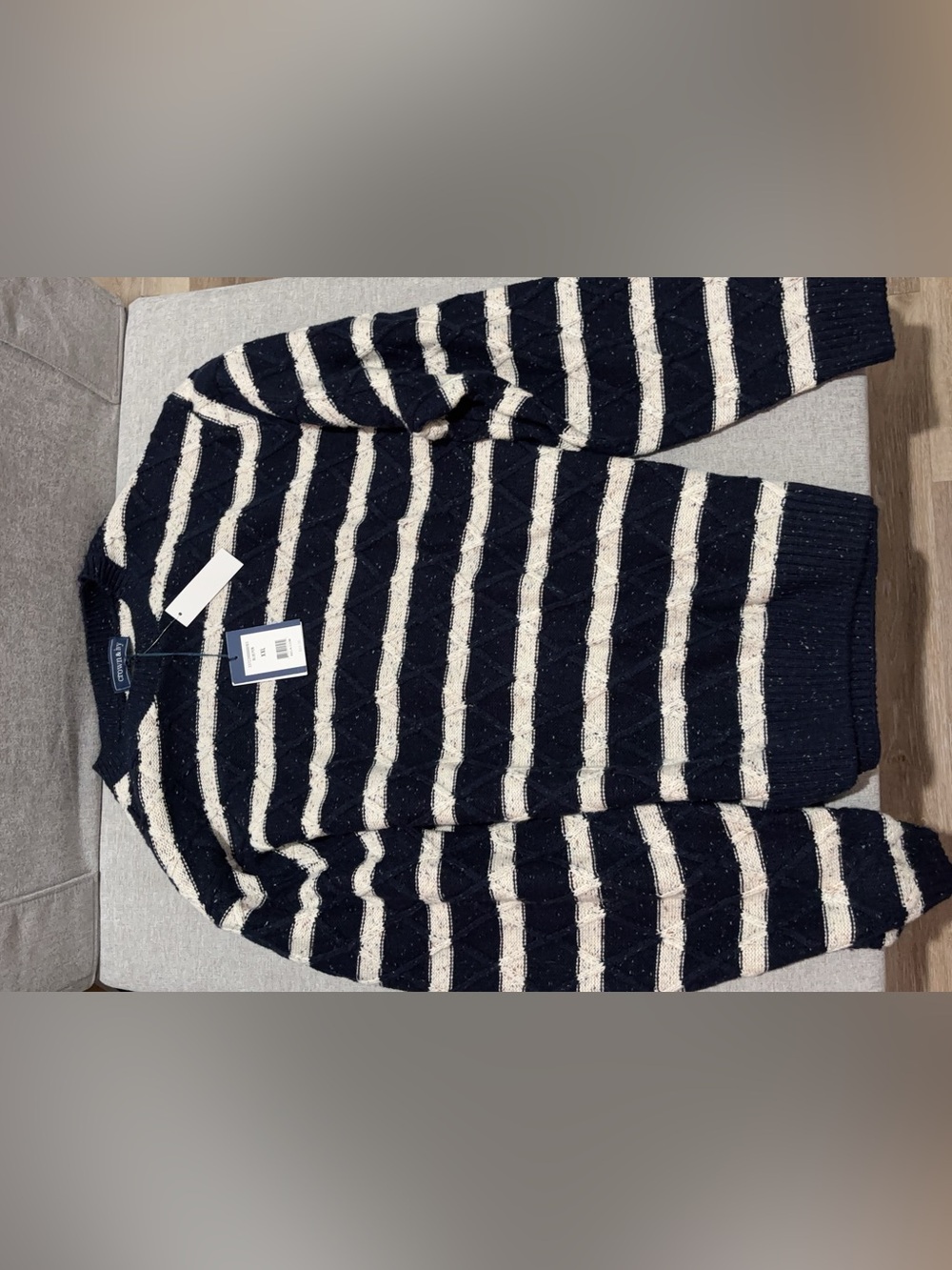crown & ivy Navy and Cream Textured Stripe Crewneck Sweater
